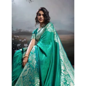 Silk Blend Printed Saree With Unstitched Blouse 5.5Mtr (Teal Green)