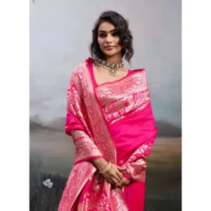 Silk Blend Printed Saree With Unstitched Blouse 5.5Mtr (Pink)