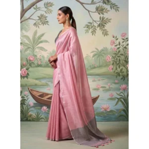 Tissue Silk Solid Saree With Unstitched Blouse 5.5Mtr (Baby Pink)