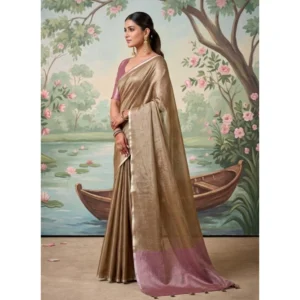 Tissue Silk Solid Saree With Unstitched Blouse 5.5Mtr (Brown)