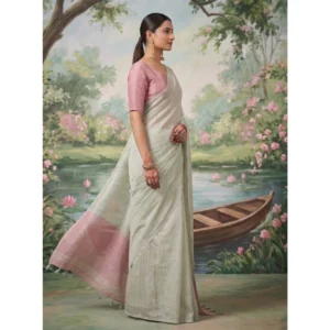 Tissue Silk Solid Saree With Unstitched Blouse 5.5Mtr (Silver)