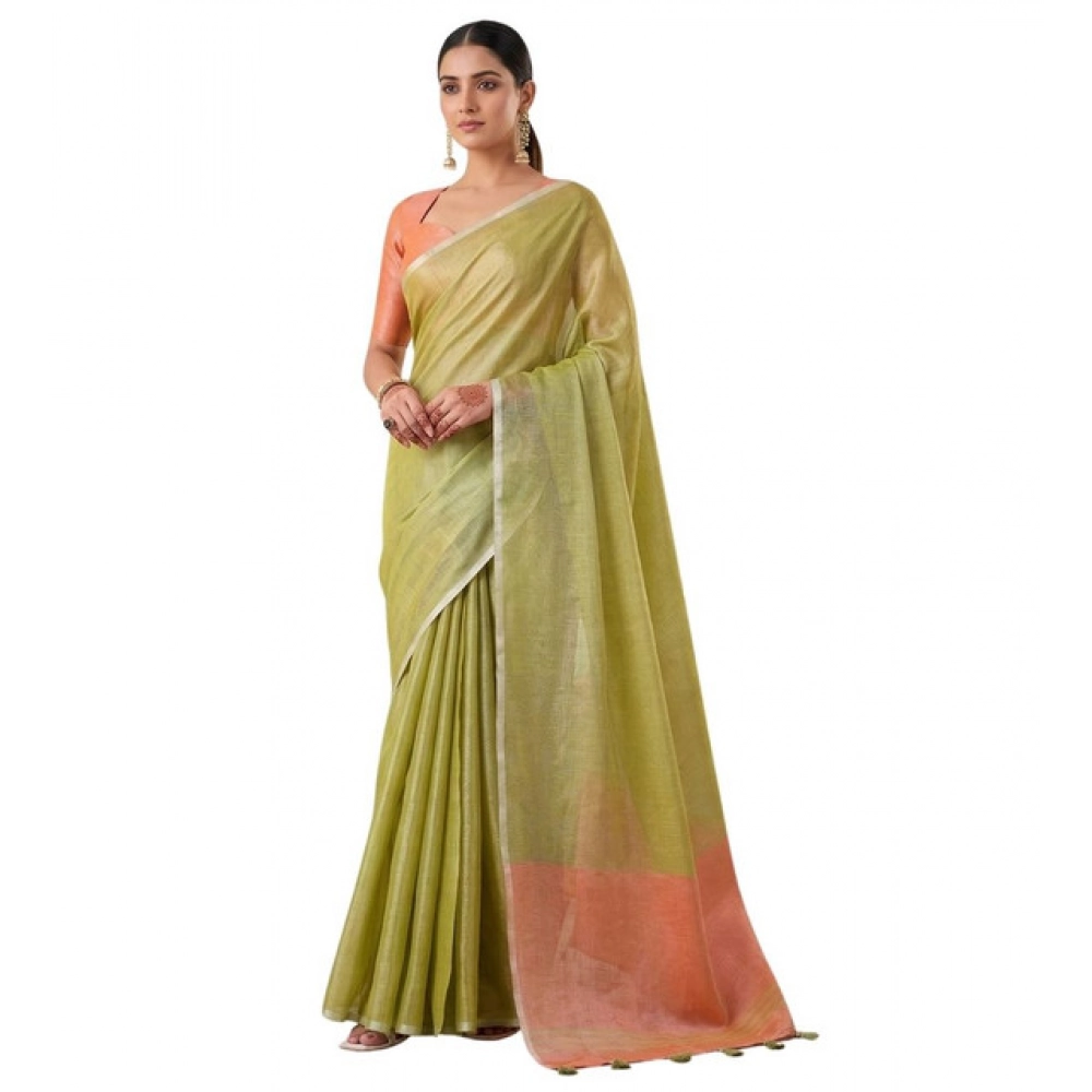 Tissue Silk Solid Saree With Unstitched Blouse 5.5Mtr (Green) - Image 3