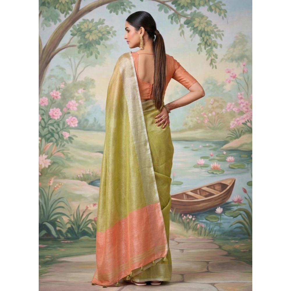 Tissue Silk Solid Saree With Unstitched Blouse 5.5Mtr (Green) - Image 2