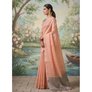 Tissue Silk Solid Saree With Unstitched Blouse 5.5Mtr (Peach)