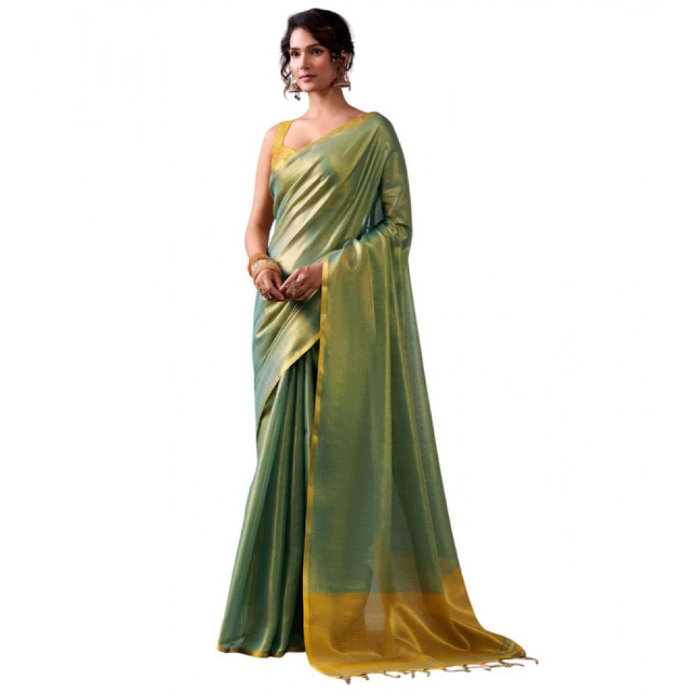 Tissue Silk Solid Saree With Unstitched Blouse 5.5Mtr (Light Green) - Image 3
