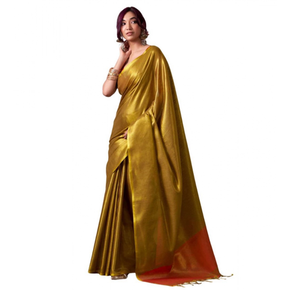 Tissue Silk Solid Saree With Unstitched Blouse 5.5Mtr (Mustard) - Image 3