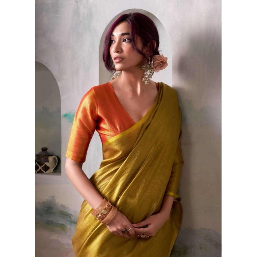 Tissue Silk Solid Saree With Unstitched Blouse 5.5Mtr (Mustard) - Image 2