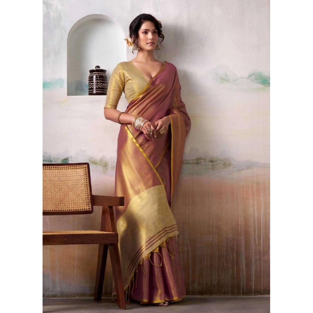 Tissue Silk Solid Saree With Unstitched Blouse 5.5Mtr (Purple)