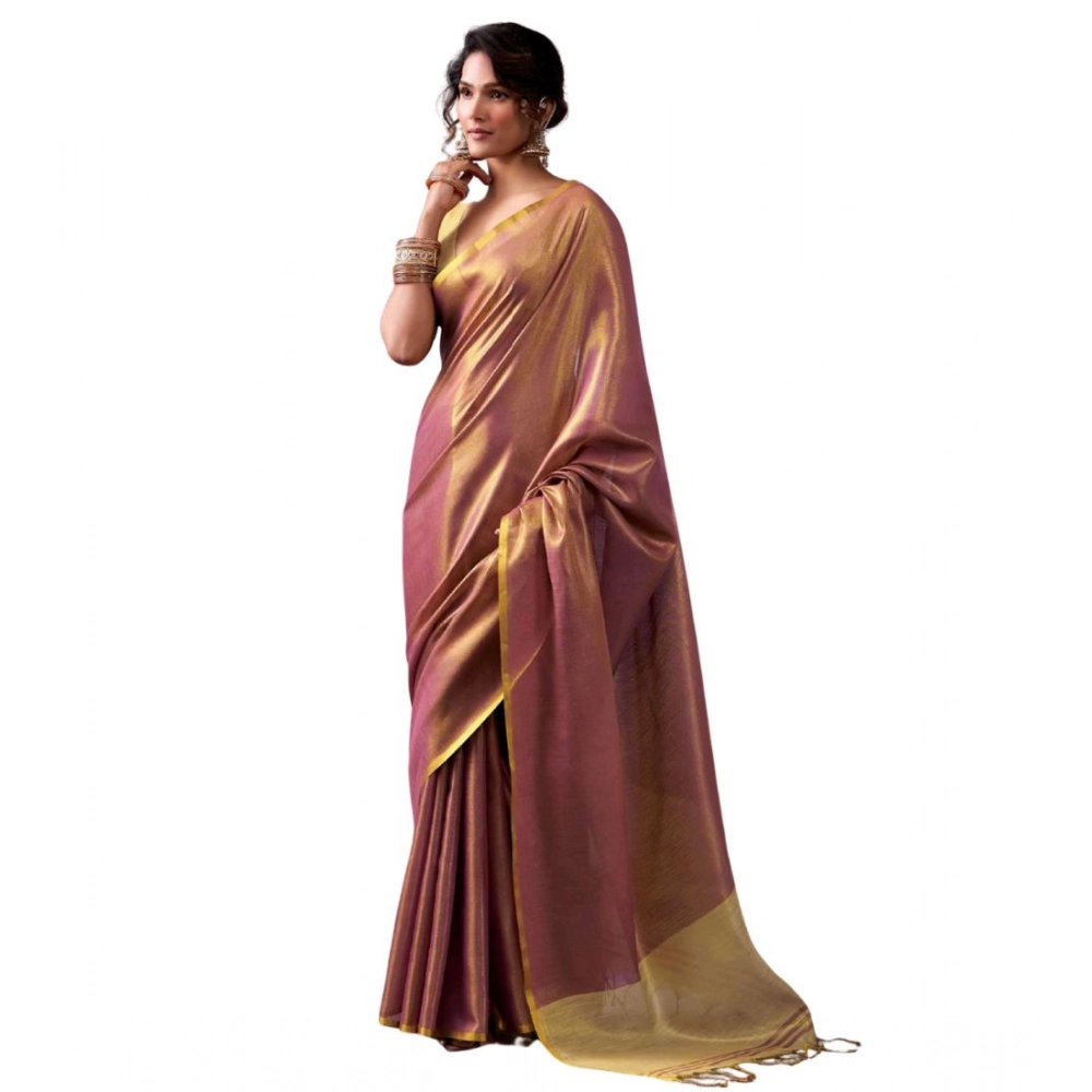 Tissue Silk Solid Saree With Unstitched Blouse 5.5Mtr (Purple) - Image 3