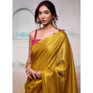 Tissue Silk Solid Saree With Unstitched Blouse 5.5Mtr (Yellow)