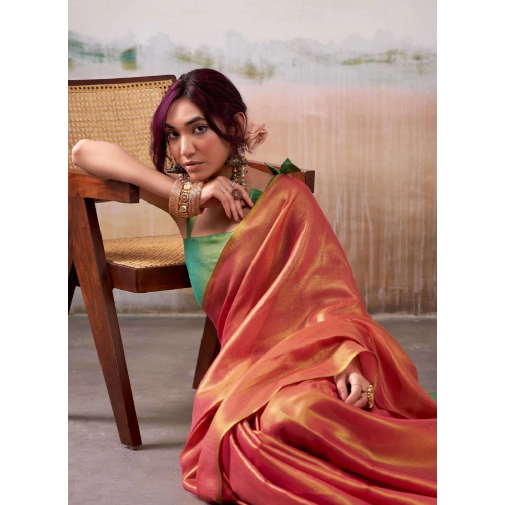 Tissue Silk Solid Saree With Unstitched Blouse 5.5Mtr (Peach)
