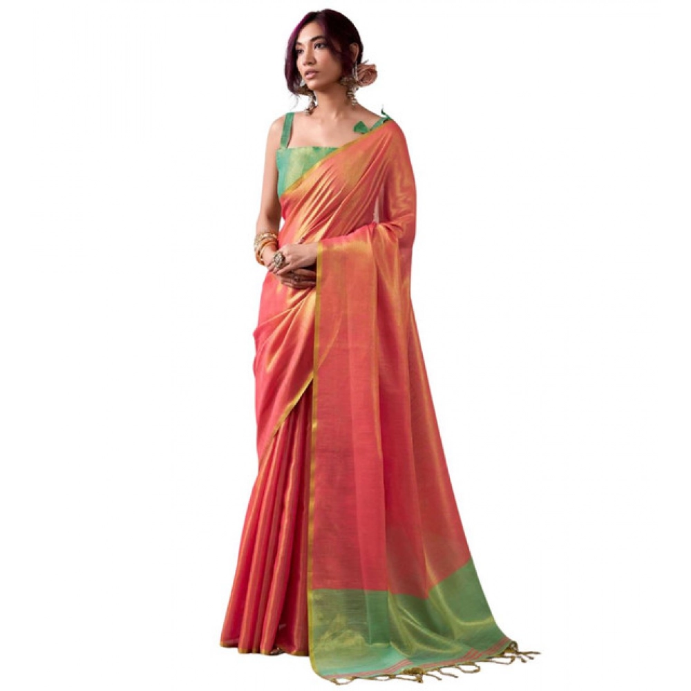 Tissue Silk Solid Saree With Unstitched Blouse 5.5Mtr (Peach) - Image 3