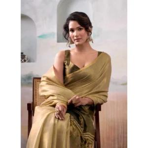Tissue Silk Solid Saree With Unstitched Blouse 5.5Mtr (Gold)