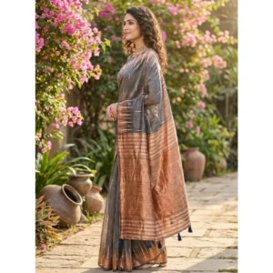 Linen Cotton Printed Saree With Unstitched Blouse 5.5Mtr (Grey)