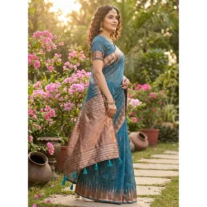 Linen Cotton Printed Saree With Unstitched Blouse 5.5Mtr (Blue)