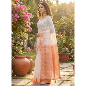 Linen Cotton Printed Saree With Unstitched Blouse 5.5Mtr (White)