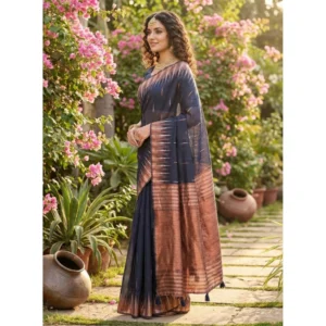Linen Cotton Printed Saree With Unstitched Blouse 5.5Mtr (Navy Blue)