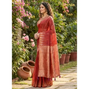 Linen Cotton Printed Saree With Unstitched Blouse 5.5Mtr (Red)