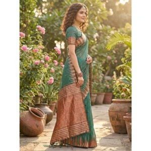 Linen Cotton Printed Saree With Unstitched Blouse 5.5Mtr (Green)