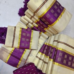Kuthampully Tissue SetMund XL | Kasavu Border with Gold Butta Weave | Traditional Kerala Saree with Blouse Piece