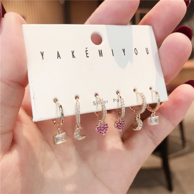 6-Piece Small Love Crystal & Zirconium Earring Set - Image 2
