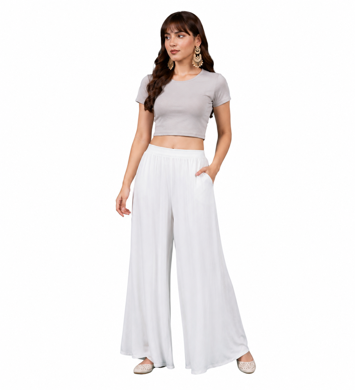 Georgette Solid Mid-Rise Wide Leg Flared Palazzo with Elastic Waist (White) - Image 2