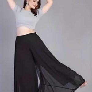 Georgette Solid High Rise Wide Leg Flared Palazzo with Elastic Waist (Black)