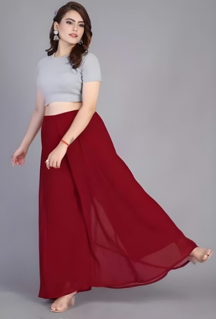 Georgette Solid High Rise Wide Leg Flared Palazzo with Elastic Waist (Maroon)