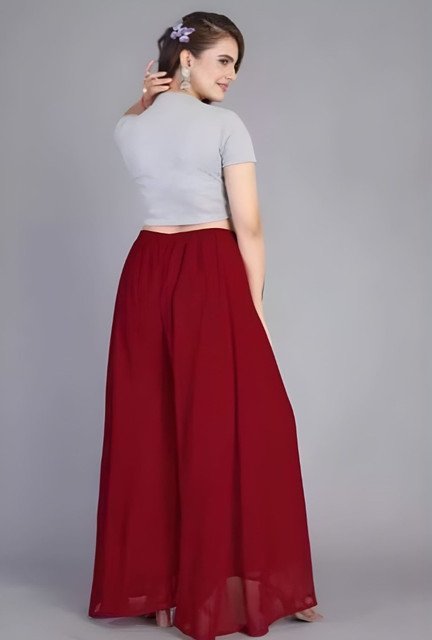Georgette Solid High Rise Wide Leg Flared Palazzo with Elastic Waist (Maroon) - Image 3