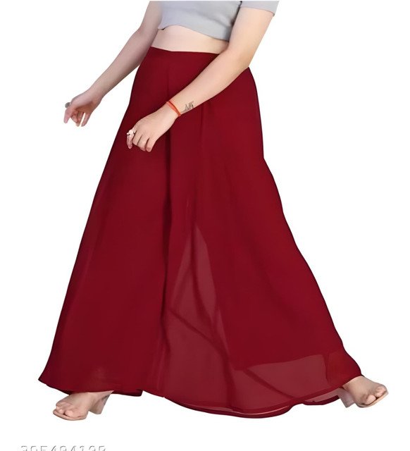 Georgette Solid High Rise Wide Leg Flared Palazzo with Elastic Waist (Maroon) - Image 4