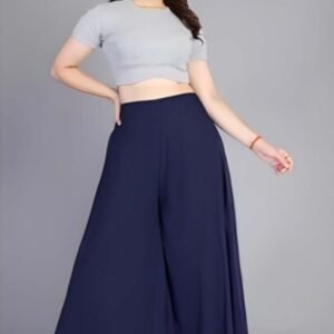 Georgette Solid High Rise Wide Leg Flared Palazzo with Elastic Waist (Navy Blue)