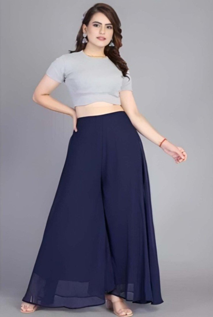 Georgette Solid High Rise Wide Leg Flared Palazzo with Elastic Waist (Navy Blue)