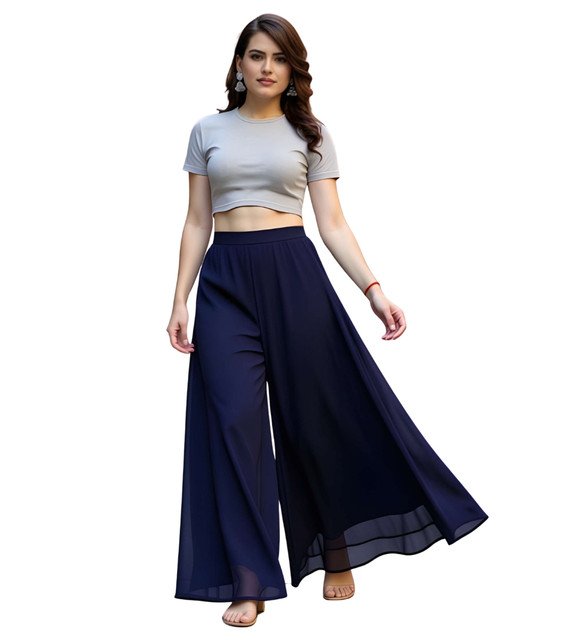 Georgette Solid High Rise Wide Leg Flared Palazzo with Elastic Waist (Navy Blue) - Image 2