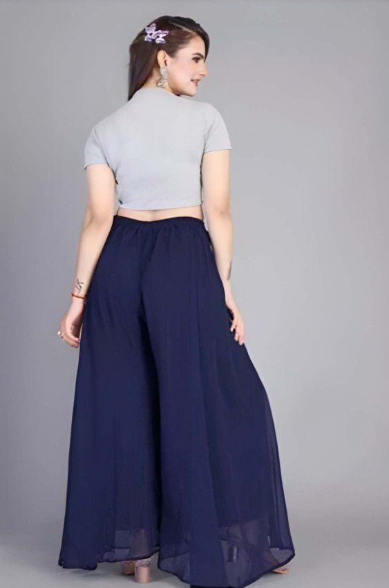 Georgette Solid High Rise Wide Leg Flared Palazzo with Elastic Waist (Navy Blue) - Image 3