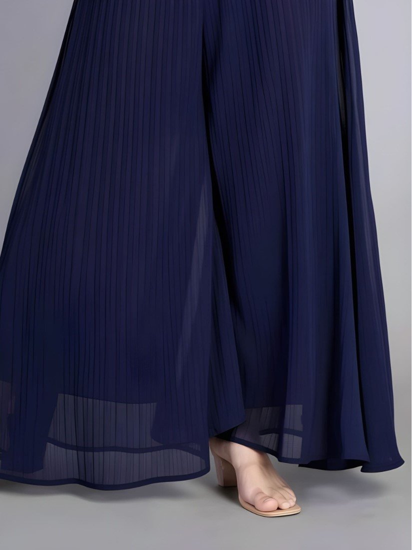 Georgette Solid High Rise Wide Leg Flared Palazzo with Elastic Waist (Navy Blue) - Image 5
