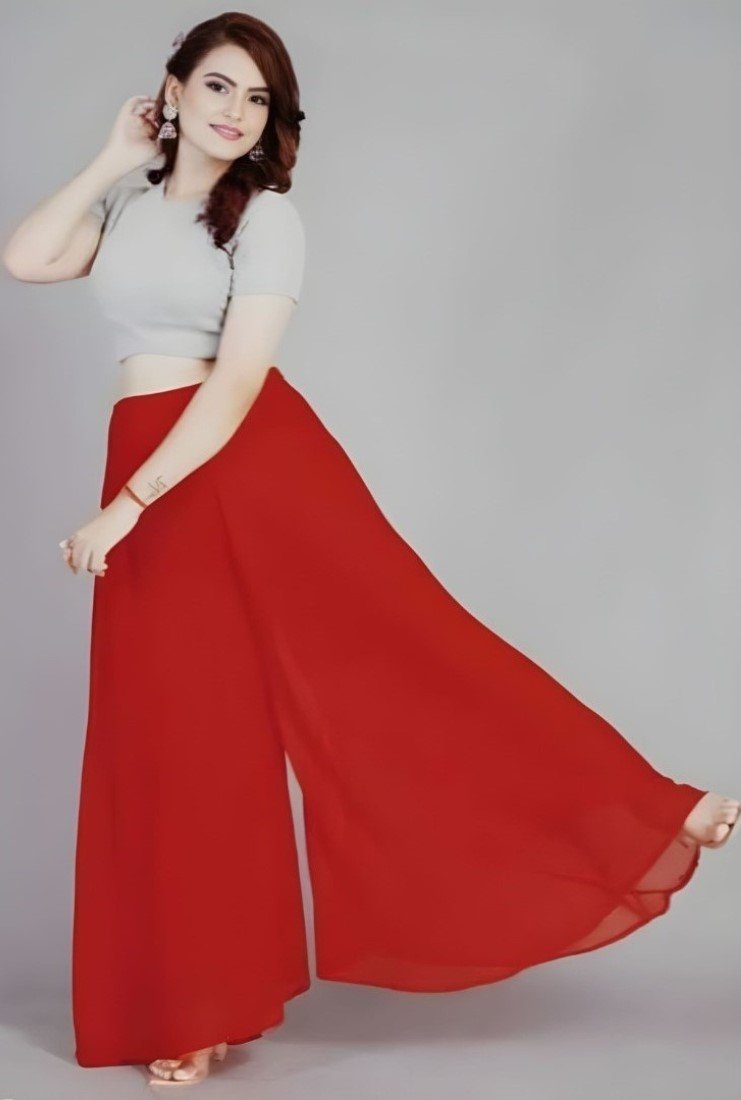 Georgette Solid High Rise Wide Leg Flared Palazzo with Elastic Waist (Red)
