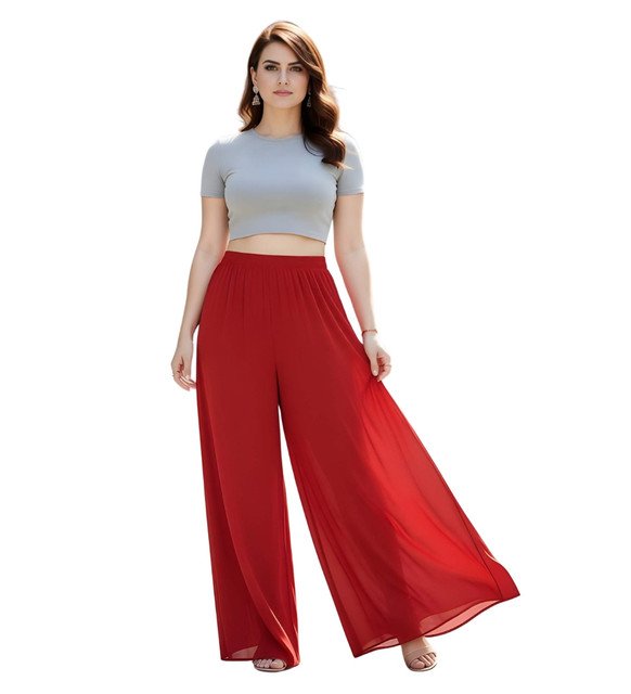 Georgette Solid High Rise Wide Leg Flared Palazzo with Elastic Waist (Red) - Image 2