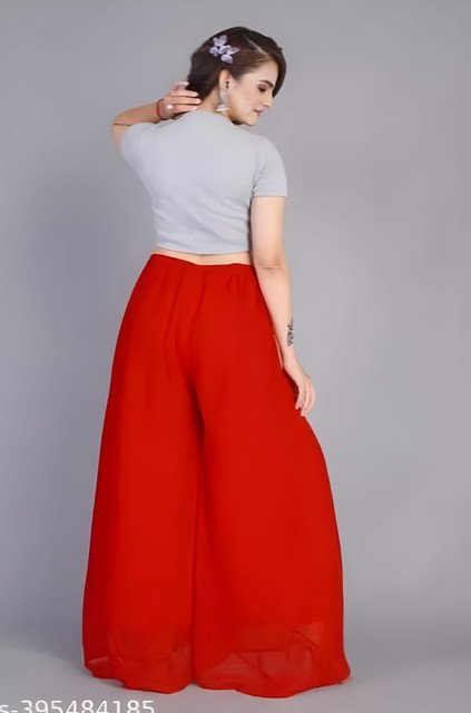 Georgette Solid High Rise Wide Leg Flared Palazzo with Elastic Waist (Red) - Image 3