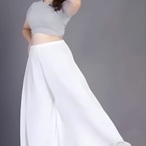 Georgette Solid High Rise Wide Leg Flared Palazzo with Elastic Waist (White)