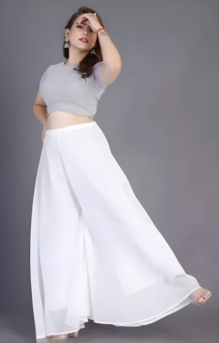 Georgette Solid High Rise Wide Leg Flared Palazzo with Elastic Waist (White)