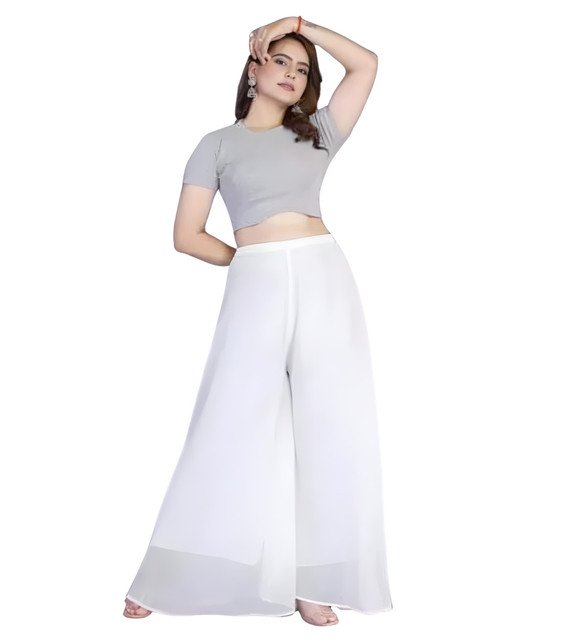 Georgette Solid High Rise Wide Leg Flared Palazzo with Elastic Waist (White) - Image 2