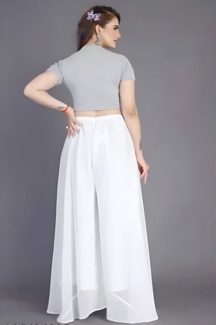 Georgette Solid High Rise Wide Leg Flared Palazzo with Elastic Waist (White) - Image 3