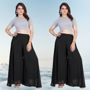 Pack of 2 Georgette Solid High Rise Wide Leg Flared Palazzos with Elastic Waist (Black)