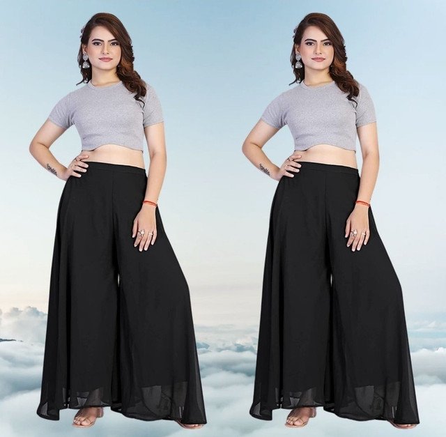 Pack of 2 Georgette Solid High Rise Wide Leg Flared Palazzos with Elastic Waist (Black)