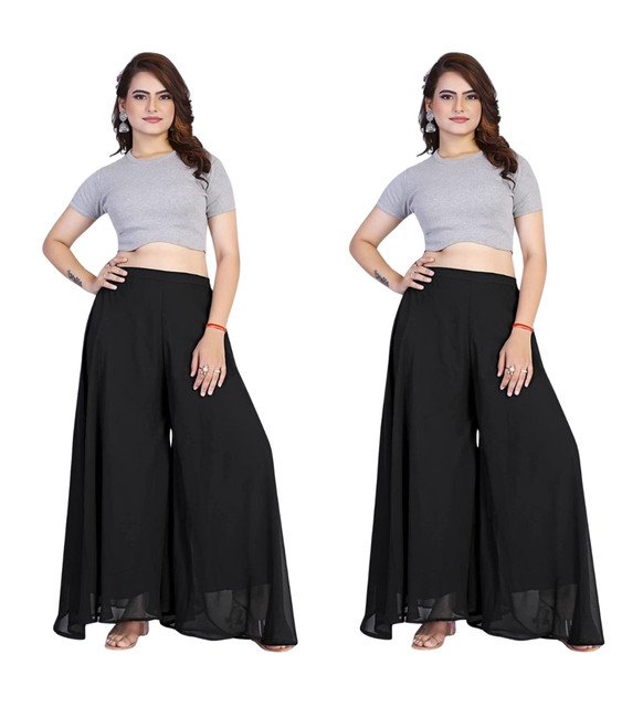 Pack of 2 Georgette Solid High Rise Wide Leg Flared Palazzos with Elastic Waist (Black) - Image 2