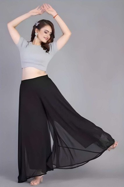 Pack of 2 Georgette Solid High Rise Wide Leg Flared Palazzos with Elastic Waist (Black) - Image 3