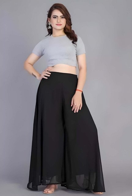 Pack of 2 Georgette Solid High Rise Wide Leg Flared Palazzos with Elastic Waist (Black) - Image 4