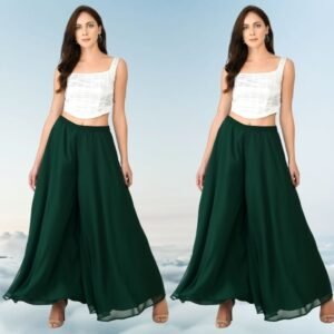 Pack of 2 Georgette Solid High Rise Wide Leg Flared Palazzos with Elastic Waist (Bottle Green)