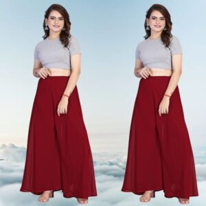 Pack of 2 Georgette Solid High Rise Wide Leg Flared Palazzos with Elastic Waist (Maroon)