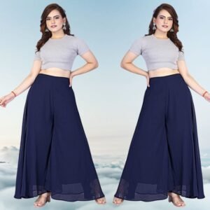 Pack of 2 Georgette Solid High Rise Wide Leg Flared Palazzos with Elastic Waist (Navy Blue)